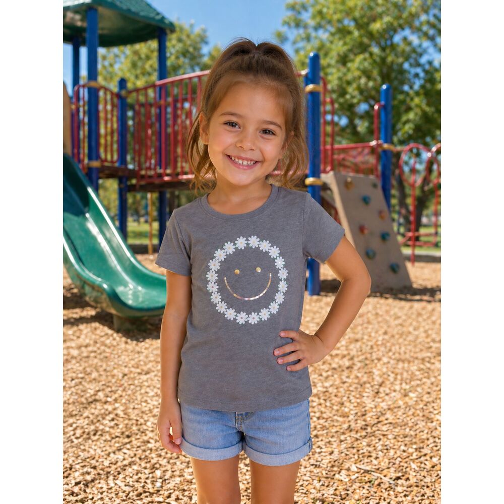 Cat & Jack Gray Floral Smiley Face Short Sleeve Girls. Size M (8)